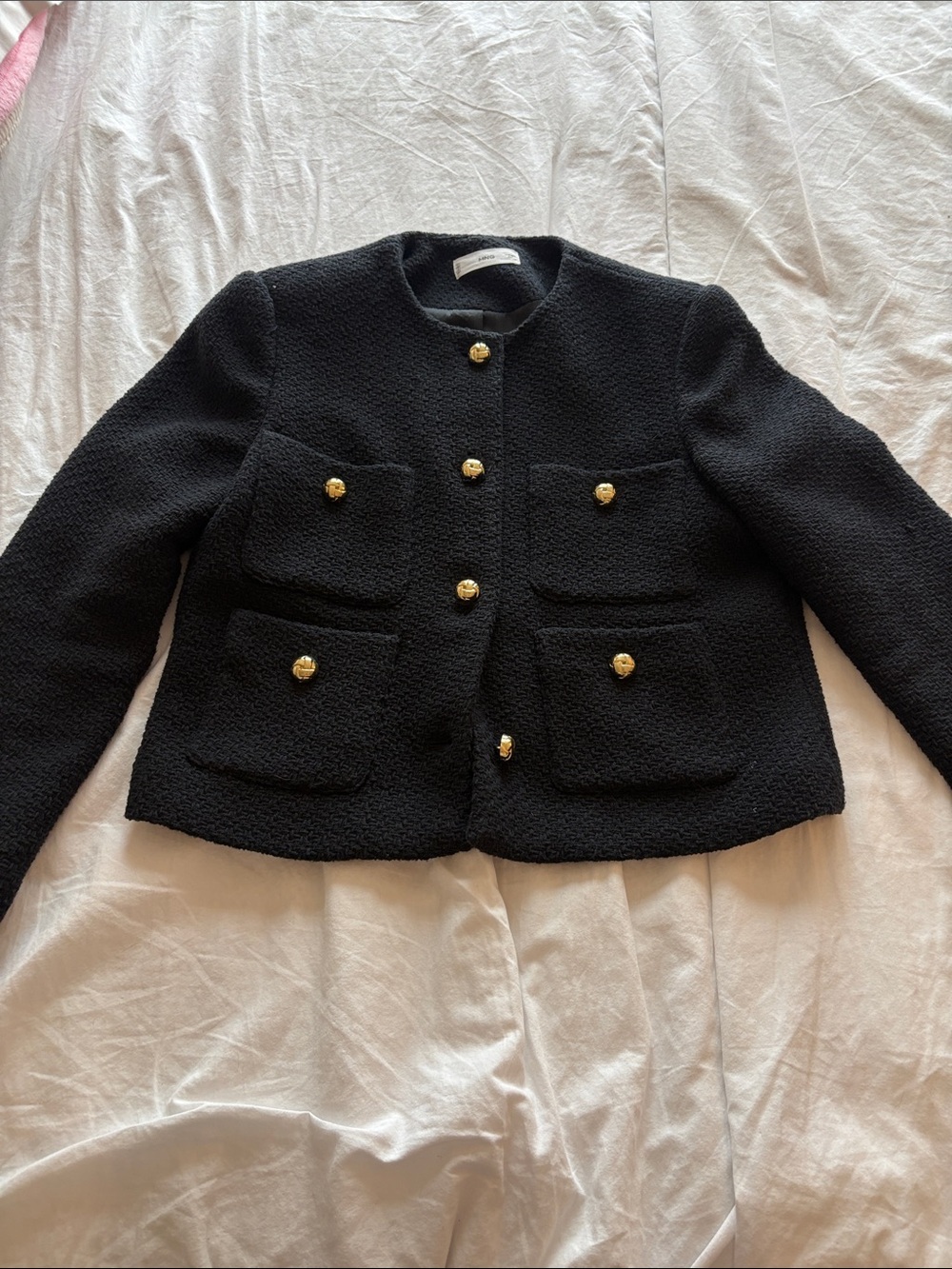 Mango Black Bouclé Blazer with Gold Buttons